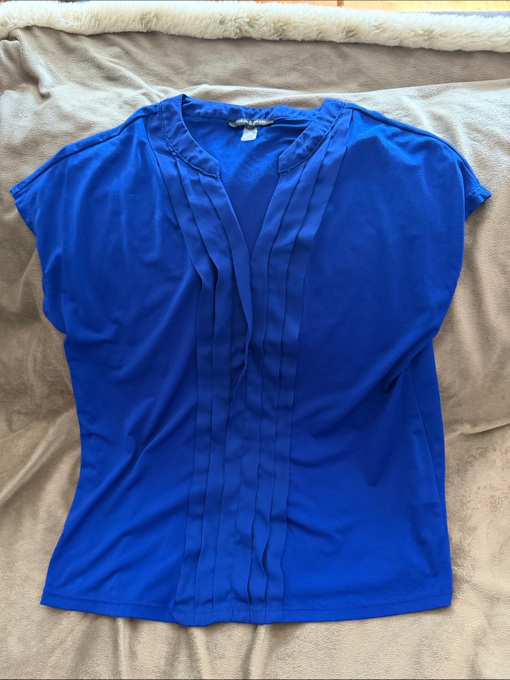 Cable & Gauge Royal Blue Pleated V-Neck Blouse
